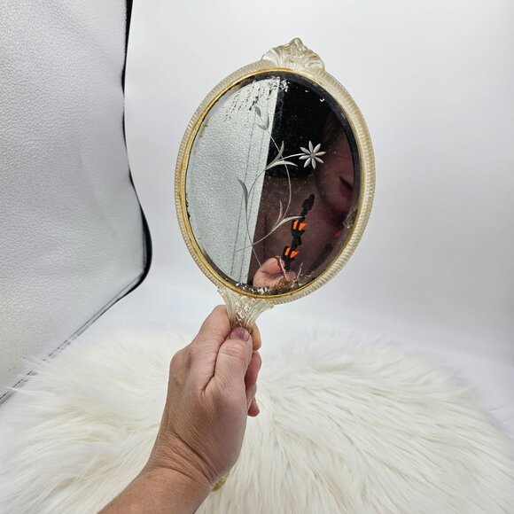 Vintage Handheld Mirror Ornate Lucite Gold Handle Floral Etched Glass FLAW - Picture 7 of 8